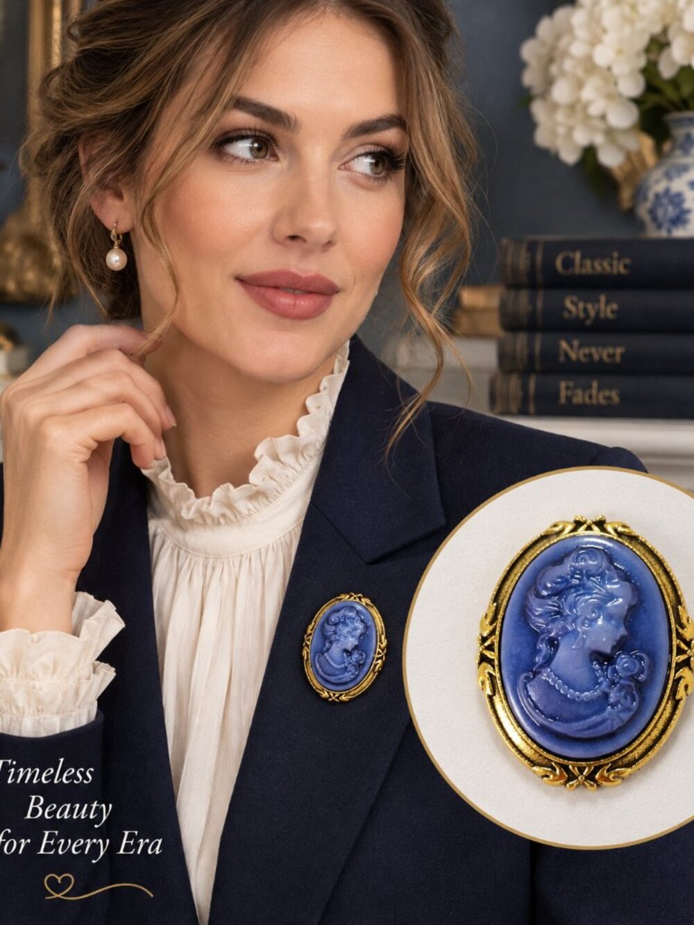 Blue Cameo Brooch Victorian Portrait Pin Gold Tone Regency Vintage Style Jewelry